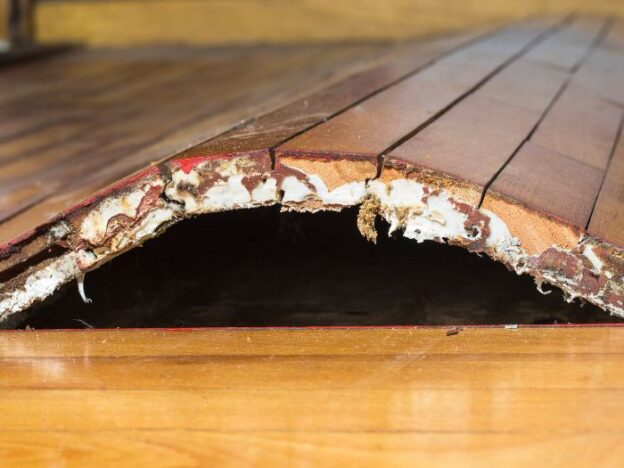 Severely damaged wooden floorboards.