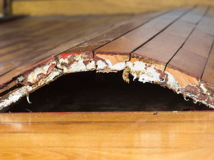Severely damaged wooden floorboards.